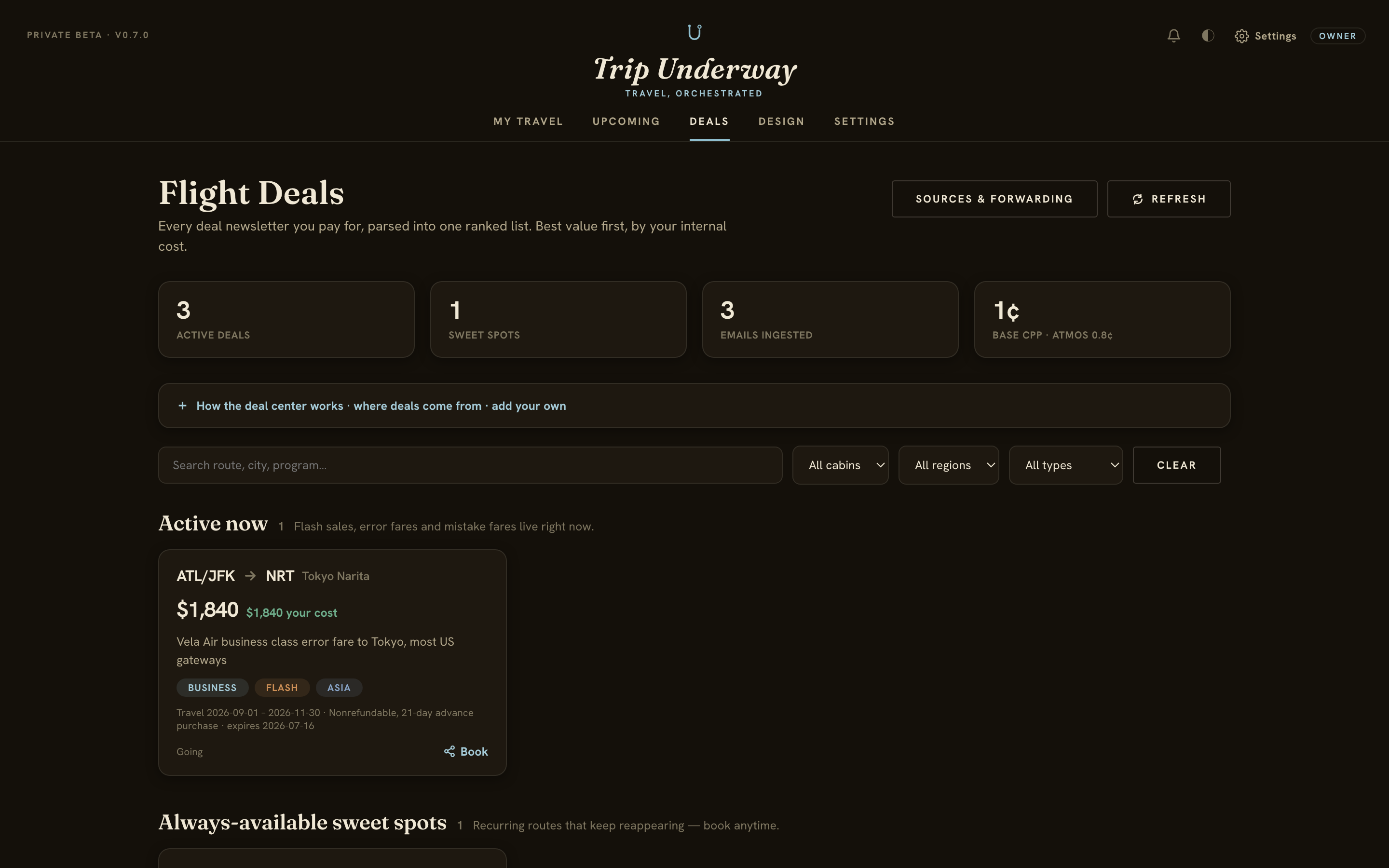 Trip Underway Deals, dark theme